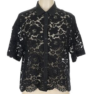 Express Short Sleeve Button Front Scalloped Hem Collared Lace Top, Large, Black